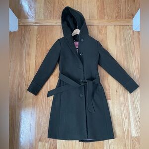 Kate Spade New York deep green wool pea coat with hood and belt. Size XS
